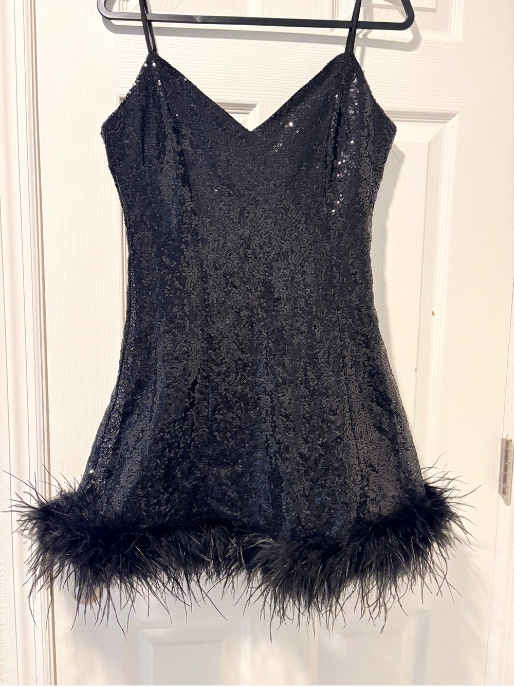 Fashion Nova Serenity Black Sequin Feather Trim Mini Dress Size XL USED